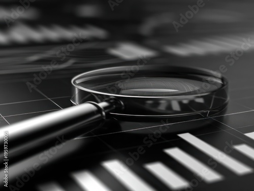 Black and white image of magnifying glass over financial charts and graphs