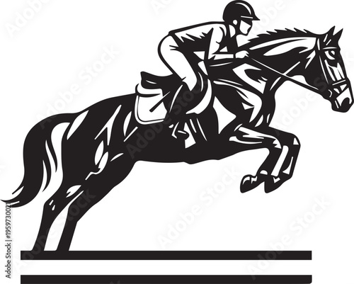 Equestrian jumping over obstacle, jockey riding horse in silhouette, dynamic sports action