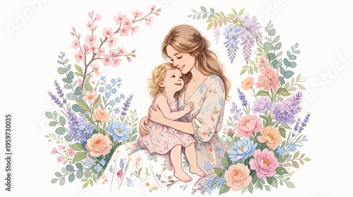 A loving mother tenderly embracing her young daughter surrounded by a lush garden of spring flowers