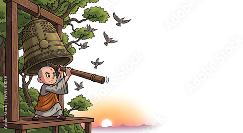 A young monk ringing a large bell in a serene natural setting at sunset