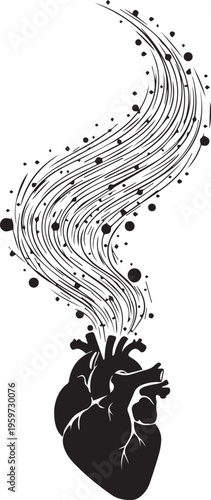 Human heart silhouette with flowing lines and dots symbolizing energy and life essence