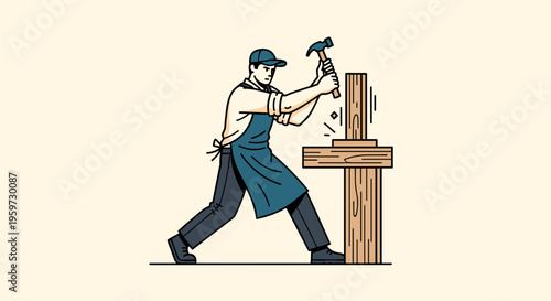 Carpenter Hammering Wooden Beam.