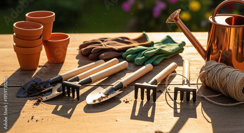 Gardening tools and accessories on a wooden table symbolize the preparation for spring work, for the design of articles about gardening or advertising garden tools