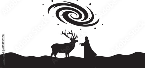 Spiritual figure standing with majestic elk deer under swirling galaxy spiral silhouette vector illustration of cosmic connection