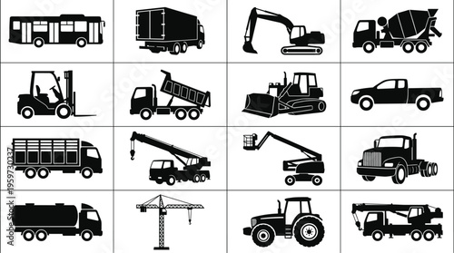 Commercial transport vehicle icons set with construction machinery heavy trucks excavator crane tractor bus forklift and industrial equipment for logistics projects