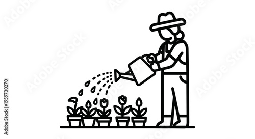 Gardener Watering Potted Plants Illustration.
