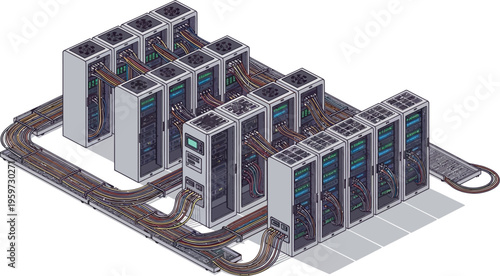 Data center server racks network infrastructure technology vector illustration