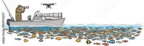 Ocean pollution fishing waste plastic marine life vector illustration