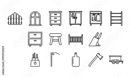 Minimal outline home furniture and utility icons with kitchen tools storage and construction elements vector