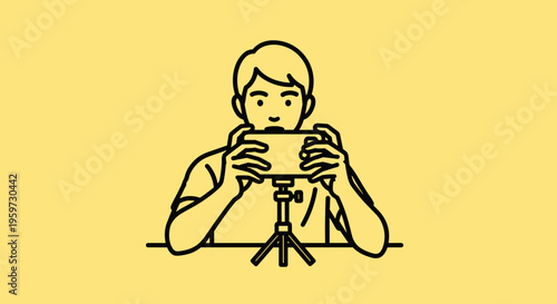 Man Holding Camera on Tripod.