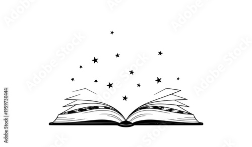 Magical open book with glowing light and sparkling stars symbolizing knowledge learning and discovery vector