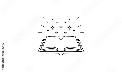 Minimal open book icon with glowing stars and light rays symbolizing wisdom knowledge and education vector