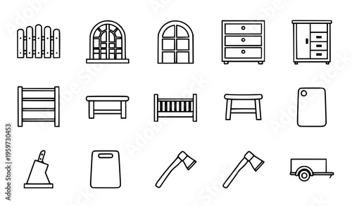 Thin line furniture and household icon set with storage tools kitchen accessories and home elements vector