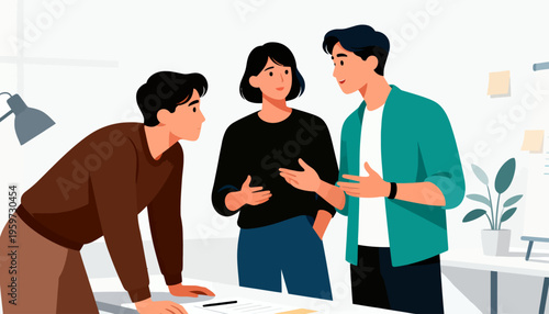 Three colleagues discuss ideas around a modern desk. One leans in, showing focus and engagement. Another gestures, suggesting collaboration. The third listens attentively, nodding thoughtfully