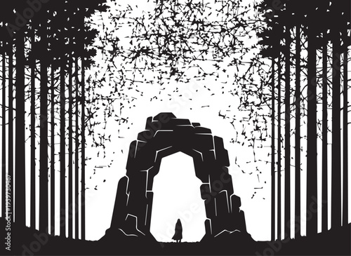 Lone figure approaching a majestic stone archway in a dense, dark forest, silhouetted under a fragmented sky