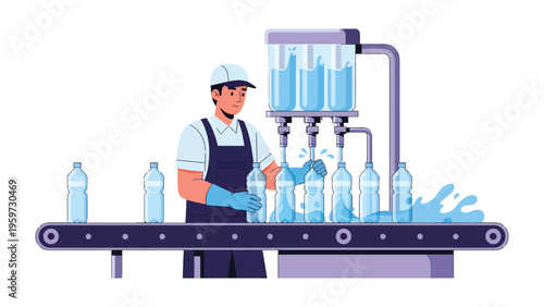 Bottling Process in Action: An illustration of a factory worker overseeing a bottling process on a production line. The worker is focused on the task, ensuring quality control.