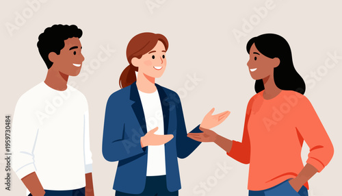 Three people engage in warm, friendly conversation. They smile, gesturing naturally as they connect. Casual attire suits relaxed, everyday settings. Ideal for teamwork, customer service