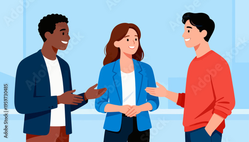 Three colleagues engage warmly in a casual meeting. Their smiles suggest mutual respect and friendly collaboration. The setting implies teamwork or brainstorming in a modern office
