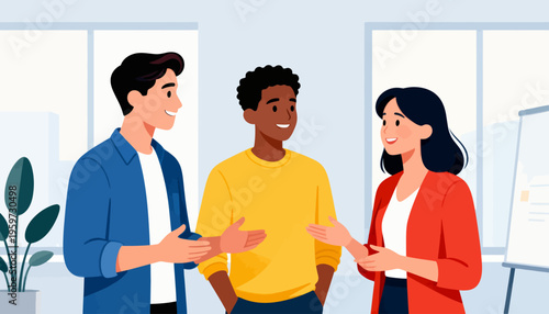 Three friends chat in a bright office. Their smiles show warmth and joy. Hands gesture as they share ideas. Background includes a whiteboard and plants. Great for team collaboration scenes