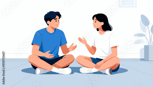 Two friends sit cross-legged, chatting warmly. Their gestures show they're engaged in a friendly conversation. Soft light bathes the clean, minimalist room. Potted plant adds gentle, calm ambiance