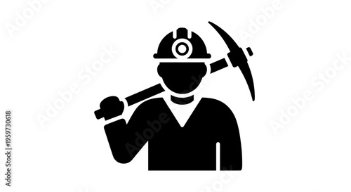 Miner with Pickaxe Silhouette Icon.