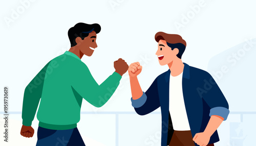 Two men cheerfully bump fists in friendly competition. Their smiles reflect joyful camaraderie and mutual respect. Casual attire suggests a relaxed, informal gathering. Ideal for team-building, sports