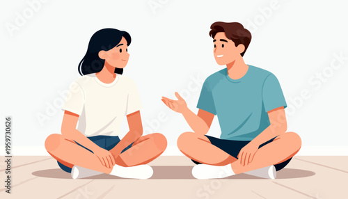 Two people sit cross-legged, facing each other. They gesture, showing active conversation or discussion. Their expressions suggest interest and engagement. The scene is calm, with soft colors