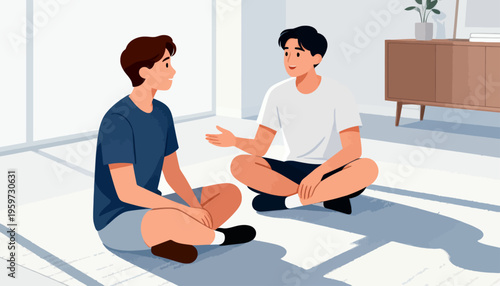 Two friends sit cross-legged on a clean, minimalist floor. They chat calmly, gesturing with open hands. Soft natural light fills the bright, airy room