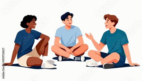 Three friends sit cross-legged, chatting animatedly. Their expressions show relaxed joy and engagement. Perfect for scenes of friendship, teamwork, or casual conversation. Ideal for social media