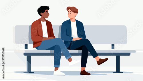 Two men sit side by side on a simple bench. They face each other, engaged in quiet conversation. Their relaxed postures suggest comfort and familiarity. The scene evokes calm, connection