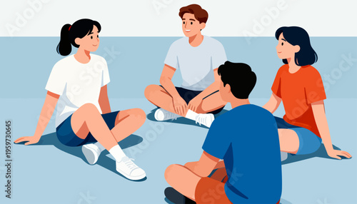 Four friends sit in a circle on a calm blue floor. They smile, chatting, showing relaxed joy. Each person wears casual, colorful clothing. Their posture suggests friendship and comfort