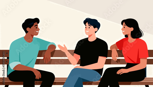 Three friends chat on a park bench. They smile, gesture, and laugh together. Their relaxed posture shows warmth and trust. Perfect for social, friendship, or team meeting visuals