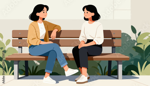 Two women sit on a park bench, engaged in conversation. One leans forward, showing interest in the dialogue. The other listens attentively, nodding gently