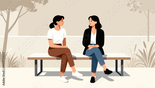 Two women sit facing each other on a park bench. One smiles gently, the other listens attentively. Soft light bathes the scene in calm tones. They converse in a quiet, friendly atmosphere
