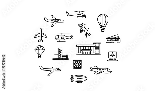 Minimal aviation and flight icons with airplane helicopter balloon parachute and airport transport symbols vector