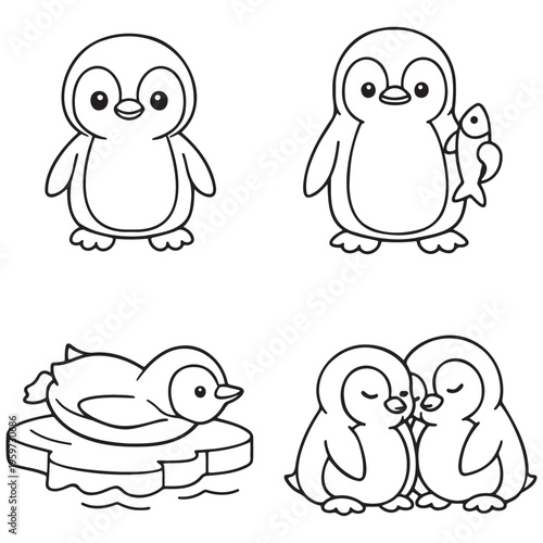 Four cute cartoon penguins in different poses and activities animal bird