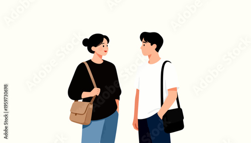 Two people stand facing each other, chatting softly. One wears a black top, carrying a brown bag. The other is in a white shirt, with a black shoulder bag. Their expressions show calm