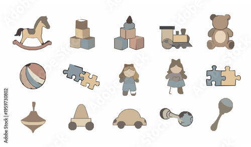Hand drawn children toy icon set with rocking horse teddy bear blocks and playful nursery elements vector