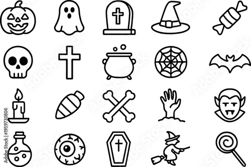Halloween icons featuring spooky symbols like ghosts, pumpkins, and witches in a playful arrangement