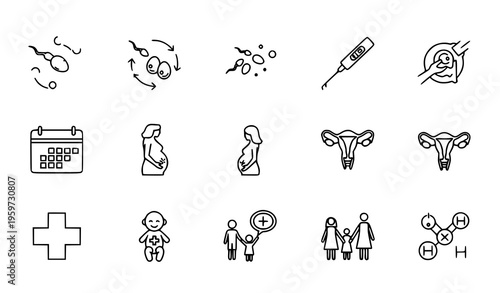 Thin line pregnancy and fertility icon set with ovulation conception family planning and healthcare symbols vector