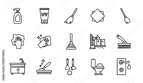 Thin line cleaning and hygiene icon set with household tools sanitizer and maintenance outline symbols vector