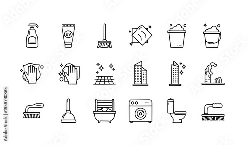 Outline cleaning tools icon pack with sanitizer equipment floor care and hygiene line symbols vector