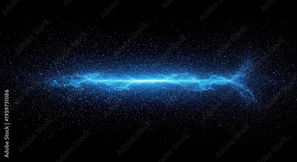 Obraz premium Abstract digital illustration showcasing a deep blue cosmic energy field with glowing particles moving rapidly across the black void background, trails, dynamic, blank