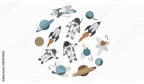 Whimsical hand drawn space icons with astronaut rocket and planets for cosmic exploration vector