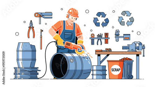 Industrial Craftsman at Work: An industrious worker in protective gear meticulously grinds metal in a workshop, surrounded by essential tools and the promise of recycling.