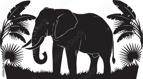 African elephant silhouette standing among palm leaves and tropical plants, large mammal illustration, nature scene