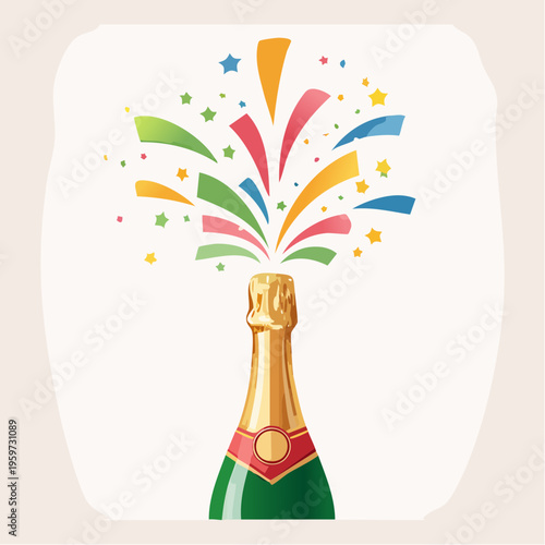 シャンパンの栓を開けて紙吹雪が舞うお祝いシーンのベクターイラスト