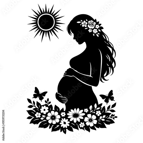 pregnant woman silhouette with flowers and sun