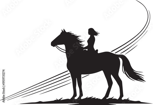 Woman riding horse silhouette with dynamic curved lines across background vector illustration of equestrian sports and freedom