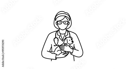 Veterinarian holding cute puppy illustration.